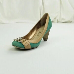 Santa Lolla 7B Women's Green Tan Suede Logo Buckle Slip On Made in Brazil Pumps